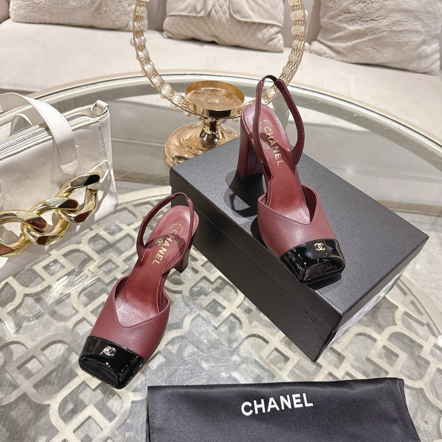 CC 26s Square-Toe High-Heeled Slingbacks 9cm Black Burgundy Leather