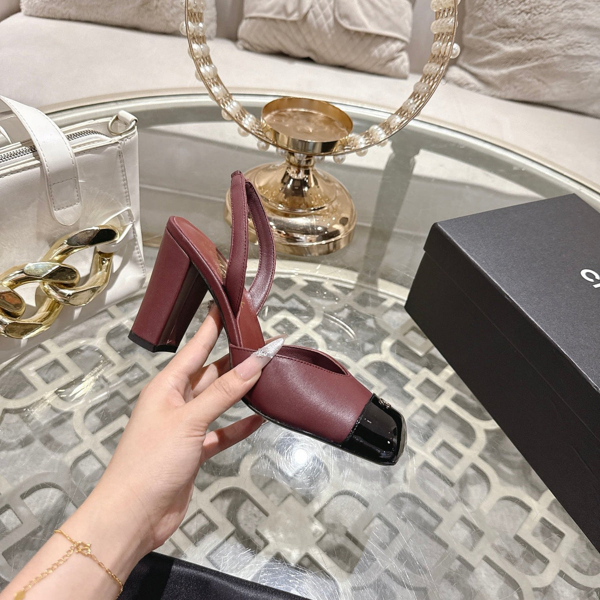 CC 26s Square-Toe High-Heeled Slingbacks 9cm Black Burgundy Leather