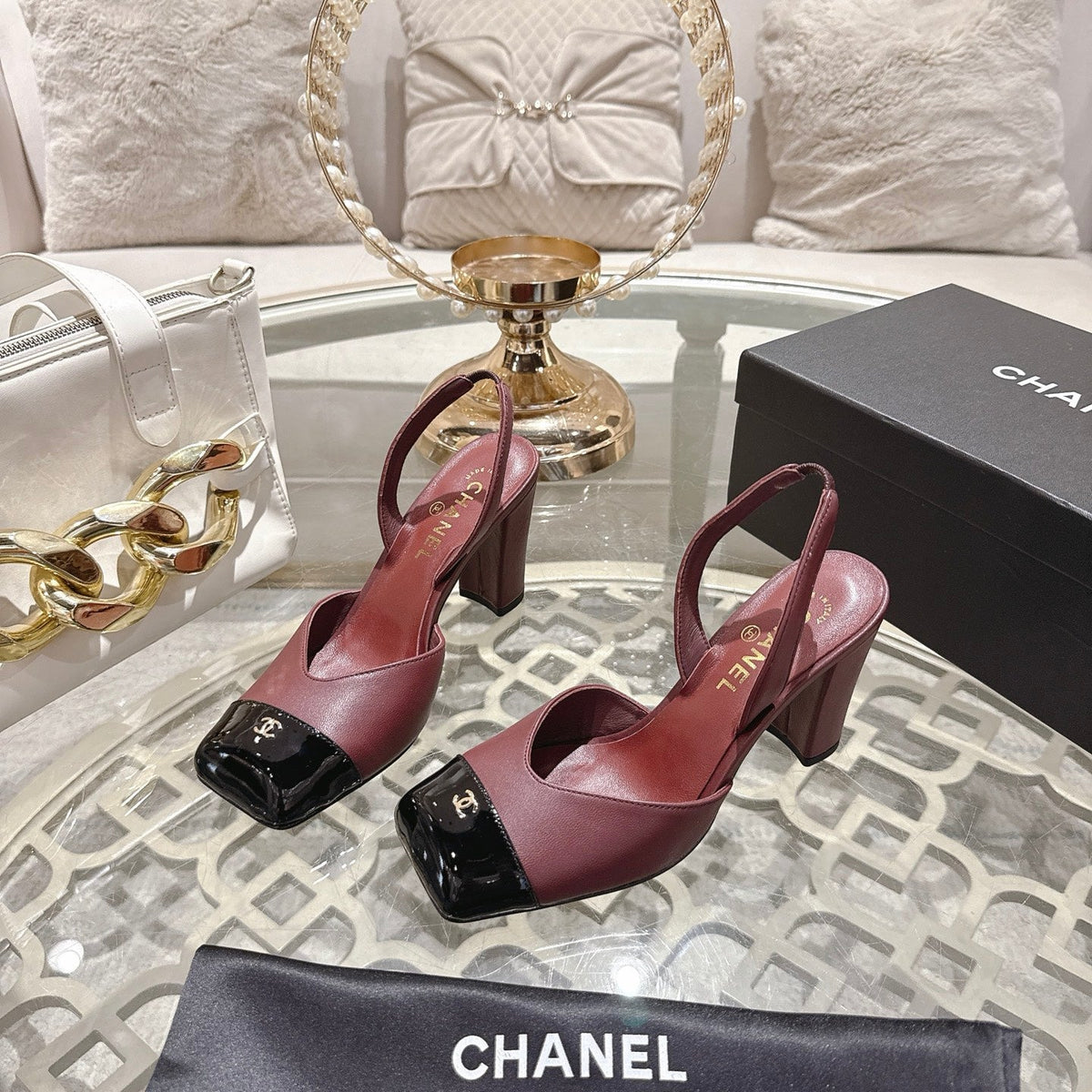CC 26s Square-Toe High-Heeled Slingbacks 9cm Black Burgundy Leather
