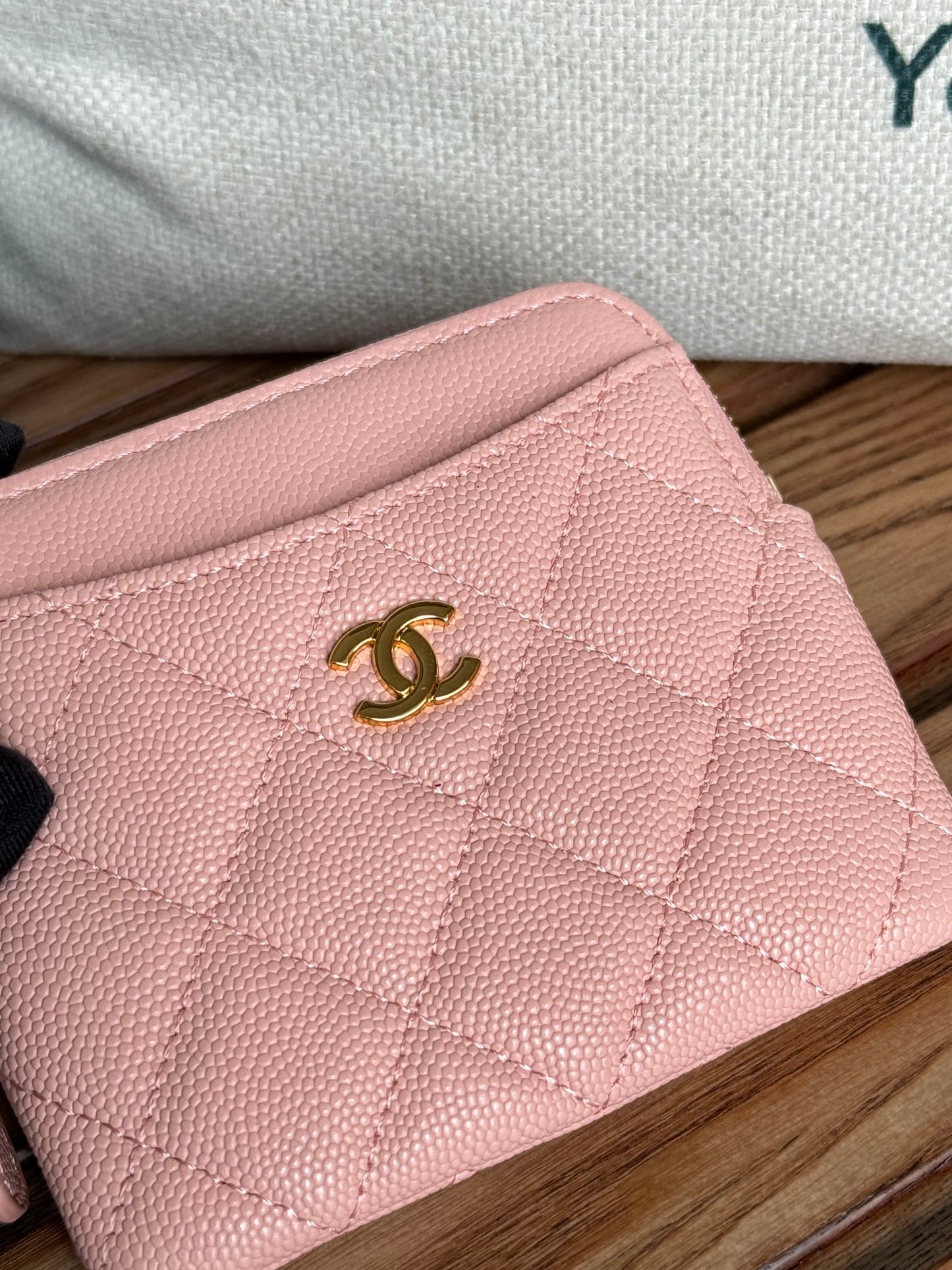 CC Zip Card Holder Wallet Light Pink Gold Metal Caviar 240615