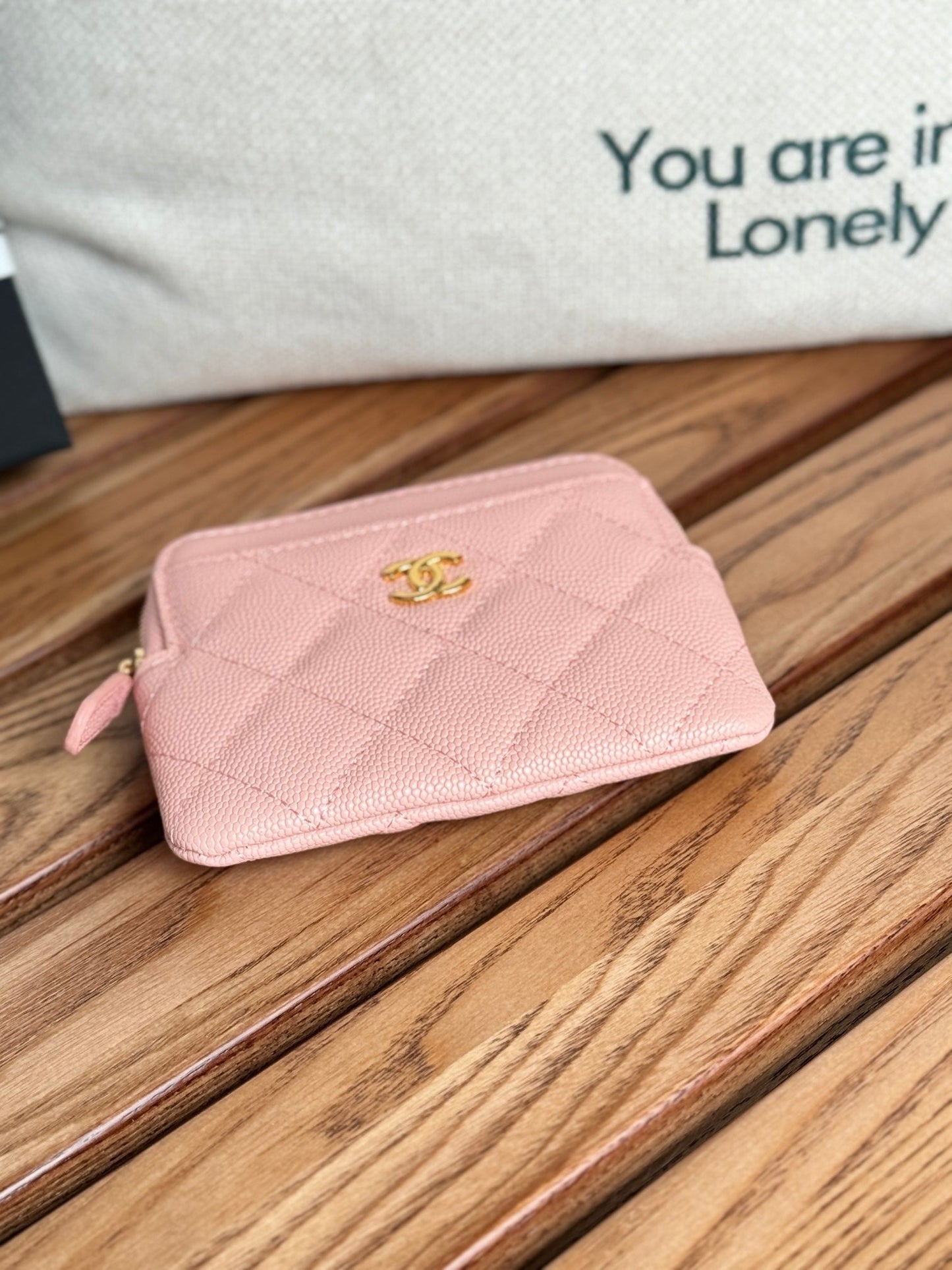 CC Zip Card Holder Wallet Light Pink Gold Metal Caviar 240615