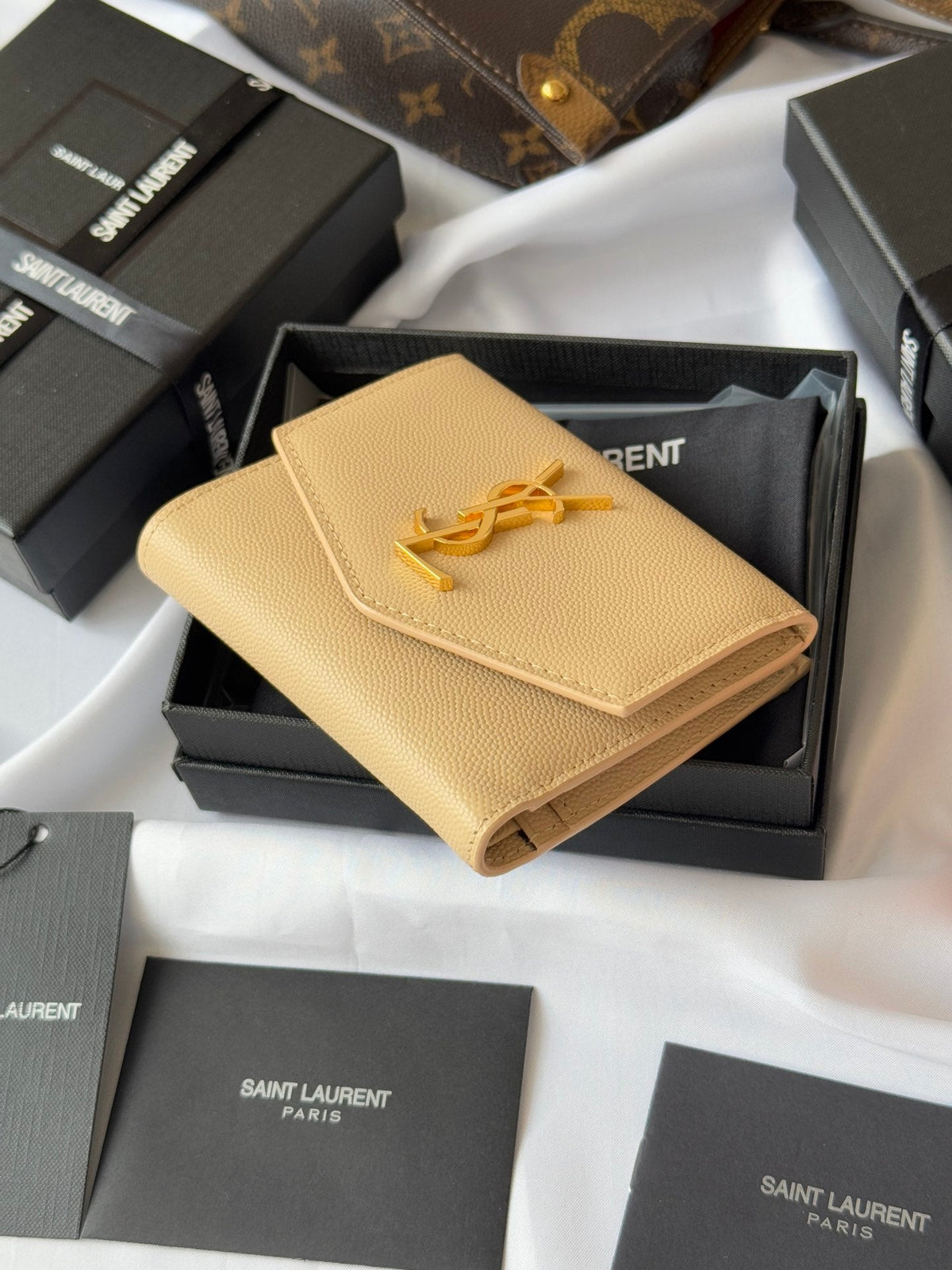 YSL Tri-fold Wallet Beige Gold Cowhide 242756