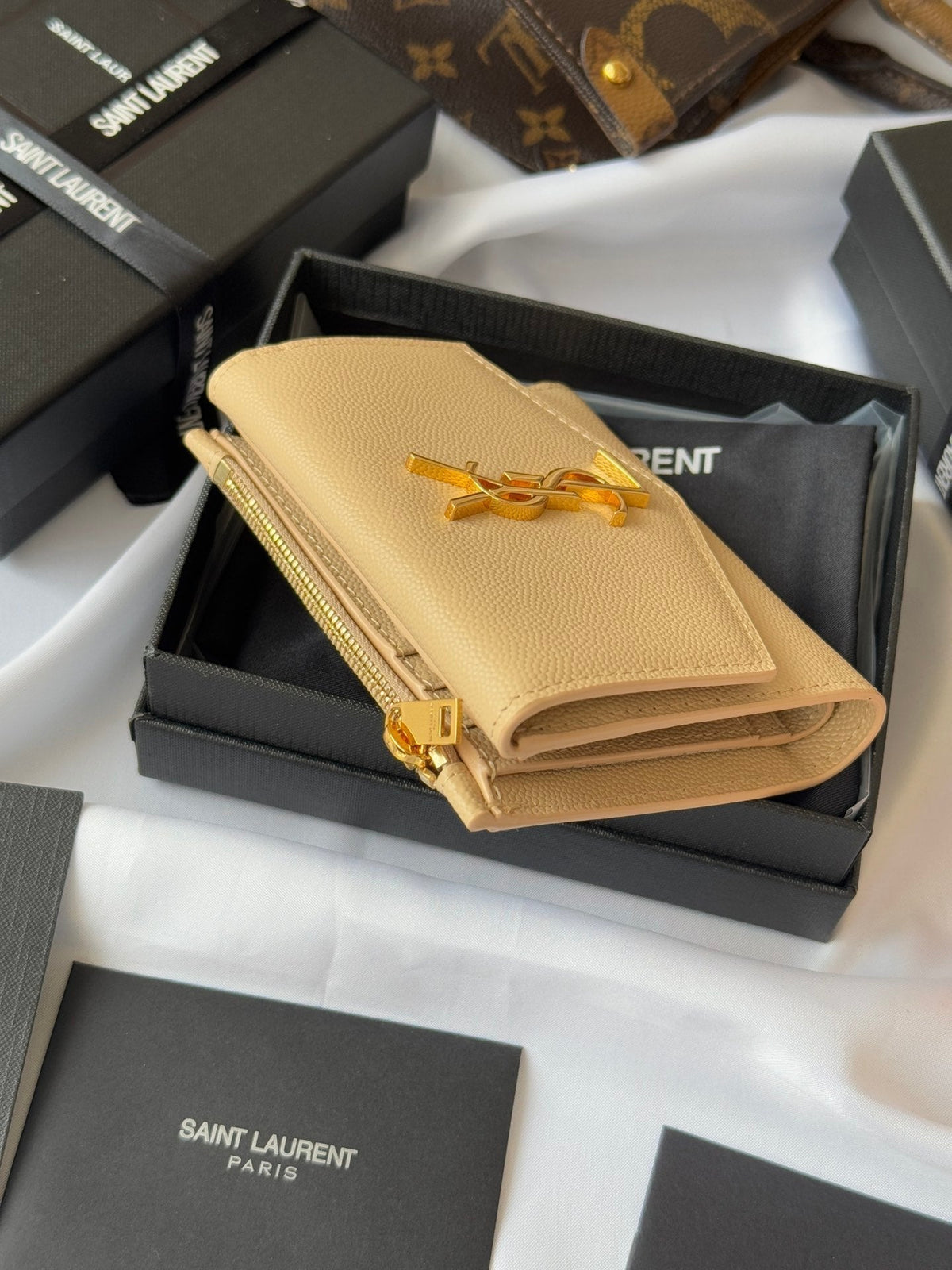 YSL Tri-fold Wallet Beige Gold Cowhide 242756