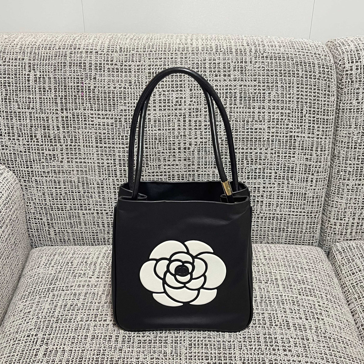 Chanel 2026 Camellia Letter Reversible Tote Bag 25cm Black White Leather