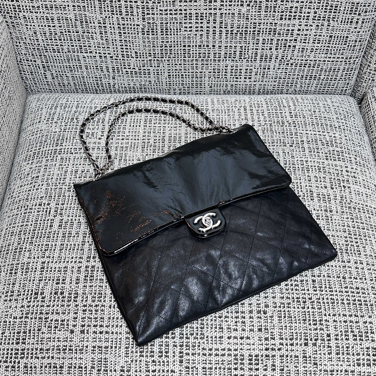 CC 26s Flap Tote Bag Black Oil Wax Leather