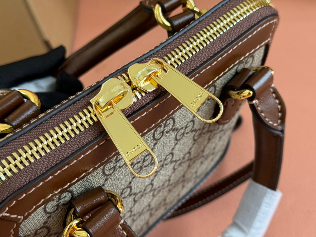 GG Horsebit 1955 Small Top Handle Bag Beige & Black GG Monogram Fabric 272170