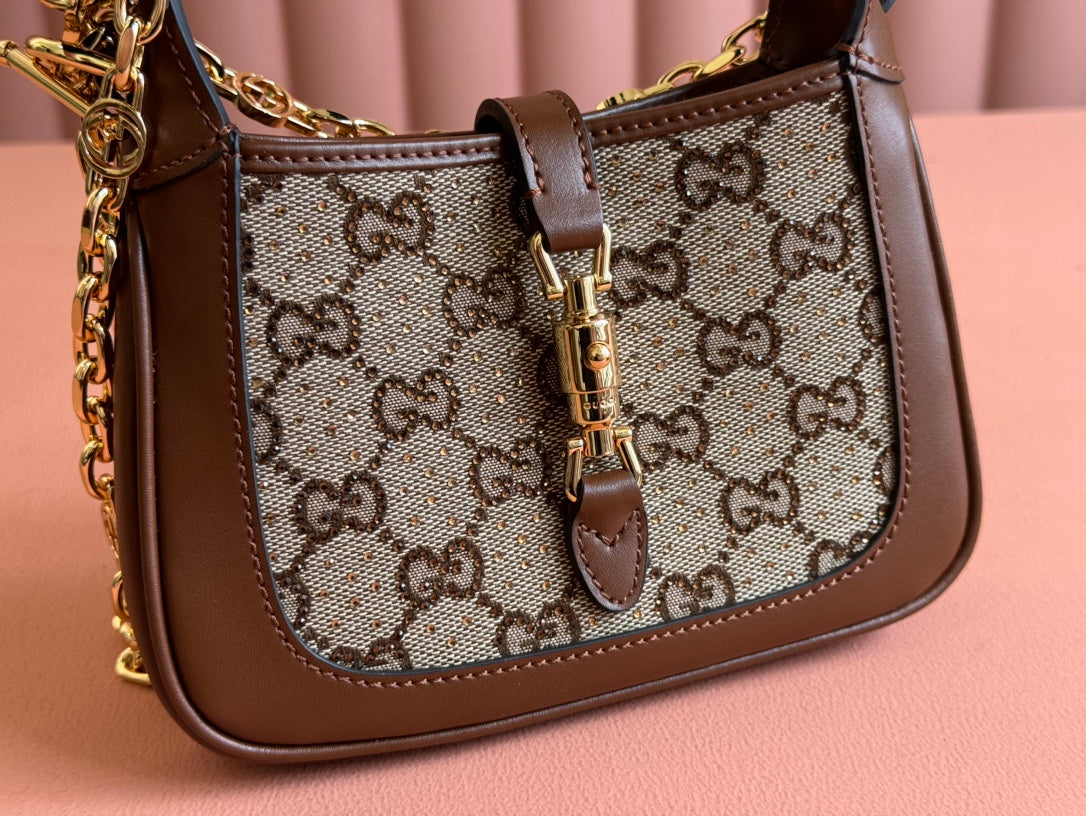 Gucci Jacket Bag Brown mix Ebony Rhinestones Leather Canvas 248592