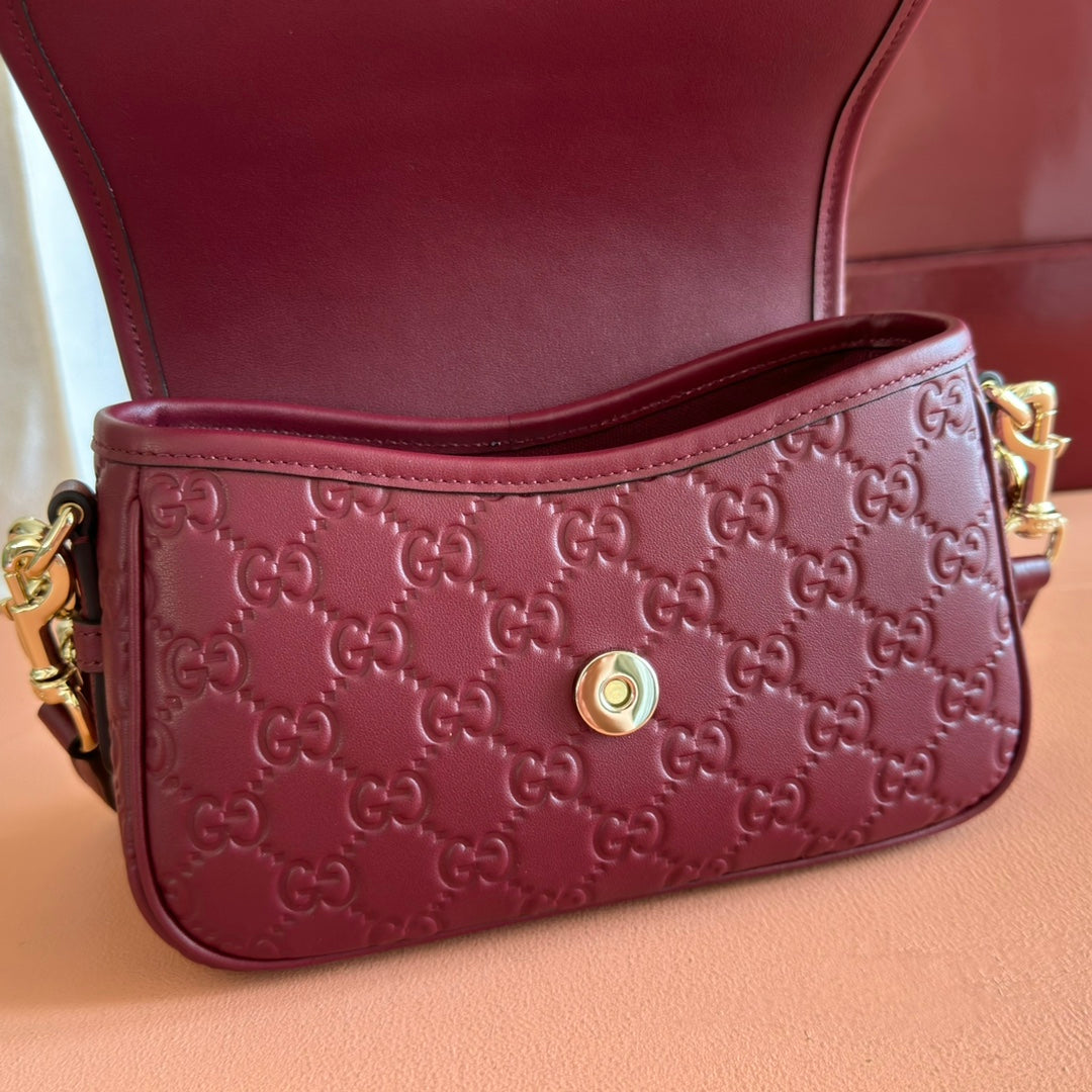 GG Emblem Medium Shoulder Bag Burgundy Embossed Cowhide