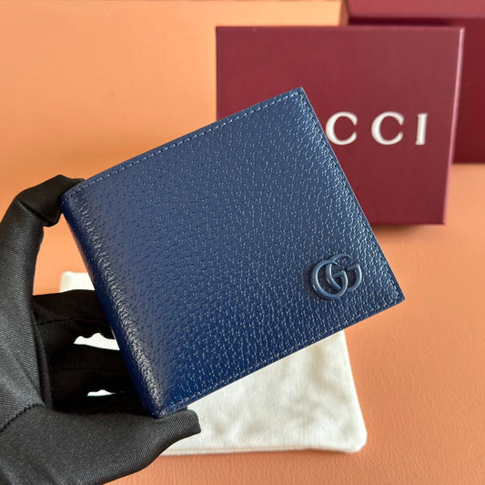 GG Marmont Bi-Fold Wallet Dark Blue Pebbled Leather