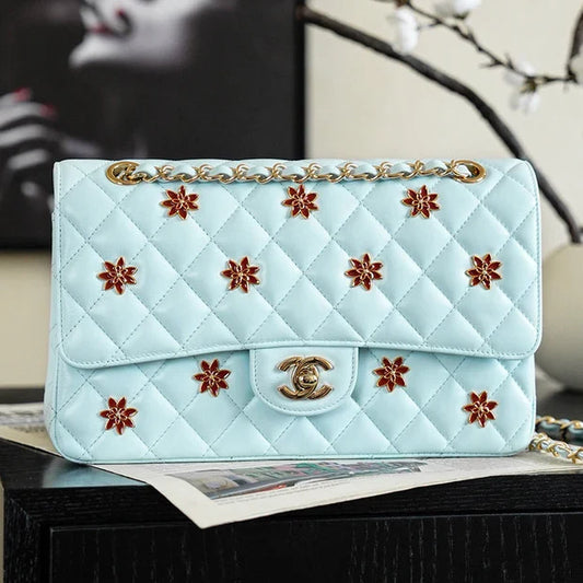 CC 2026 Red Flower Flap Bag 25.5cm Blue Lambskin 367103