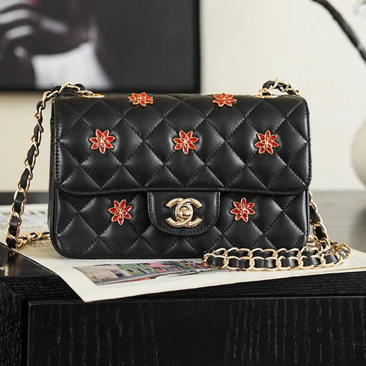 CC 2026 Red Flower Flap Bag 25.5cm Black Lambskin