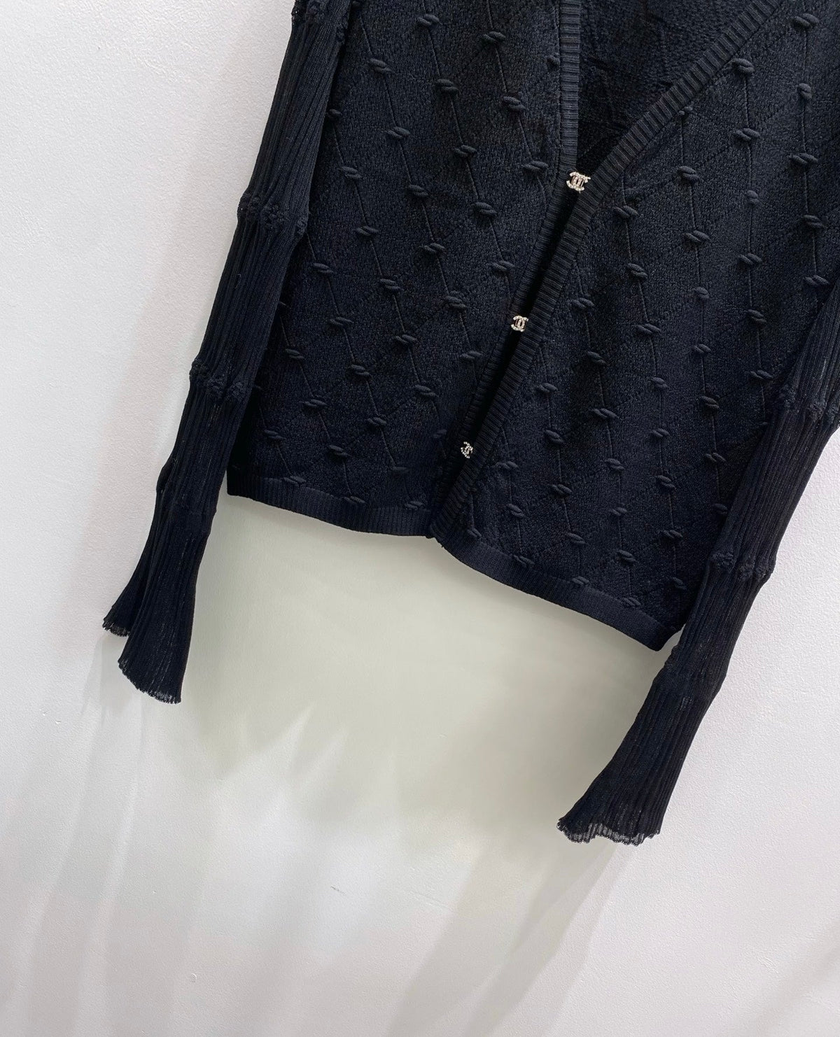 CC 26s V-Neck Textured Knit Cardigan Black Cotton Viscose 423131