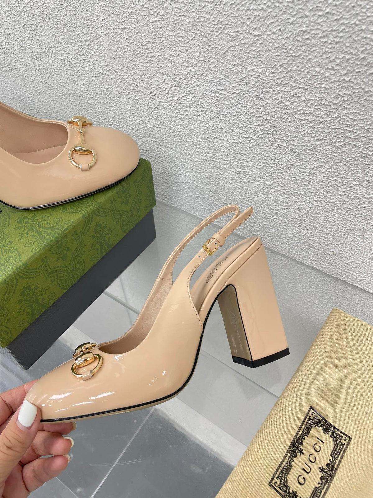 GG WOMEN'S HORSEBIT SLINGBACK 95MM IN TAN BEIGE CALFSKIN