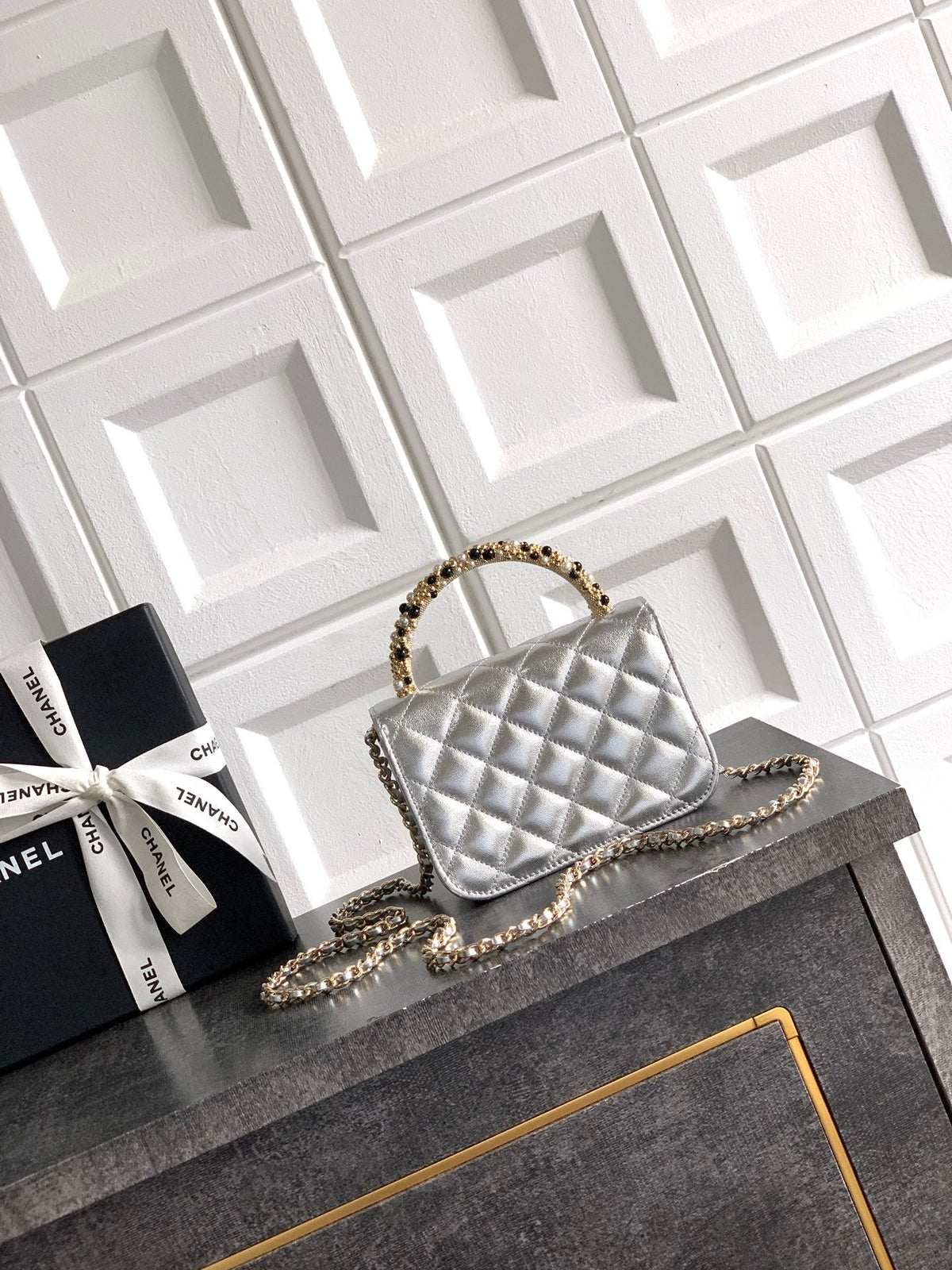 CC Mini Flap Bag 15 With Handle Sliver Metalic Lambskin