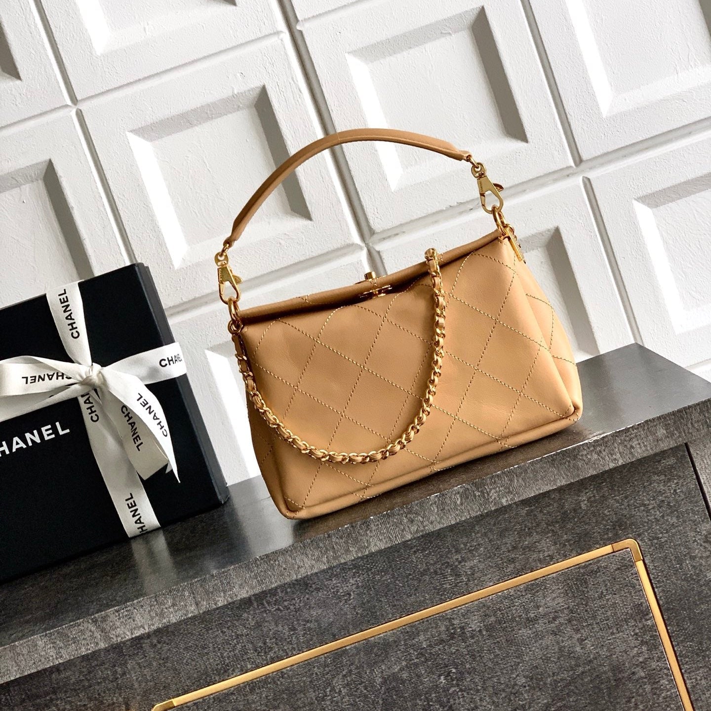 CC 26s Boho Mini Top Closure Bag Beige Lambskin