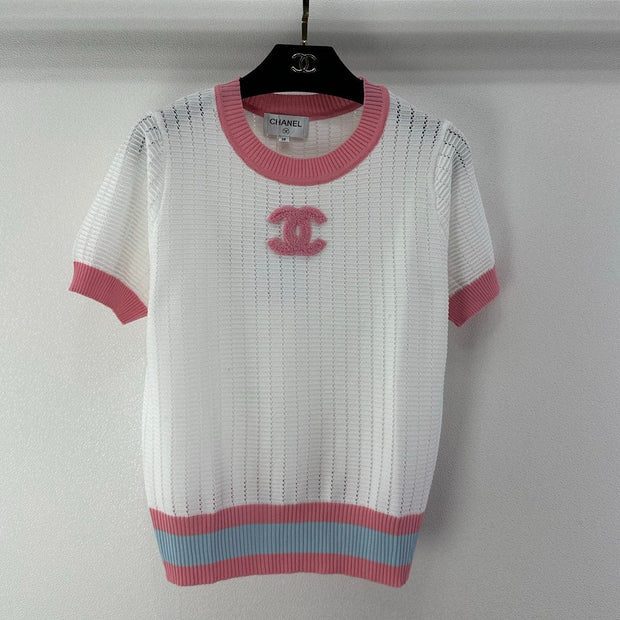 Chanel 2026 Color-blocked Knit Short-sleeved Shirt White Pink Wool 395614
