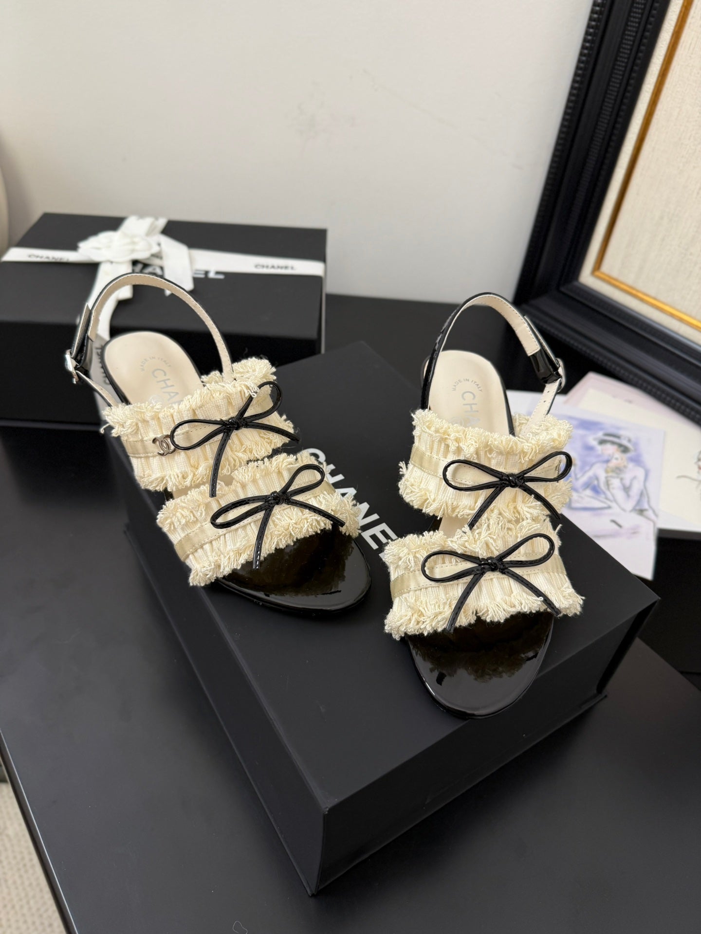 cc25 slingback sandal ̣65mm bow black grosgrain white canvas 233589