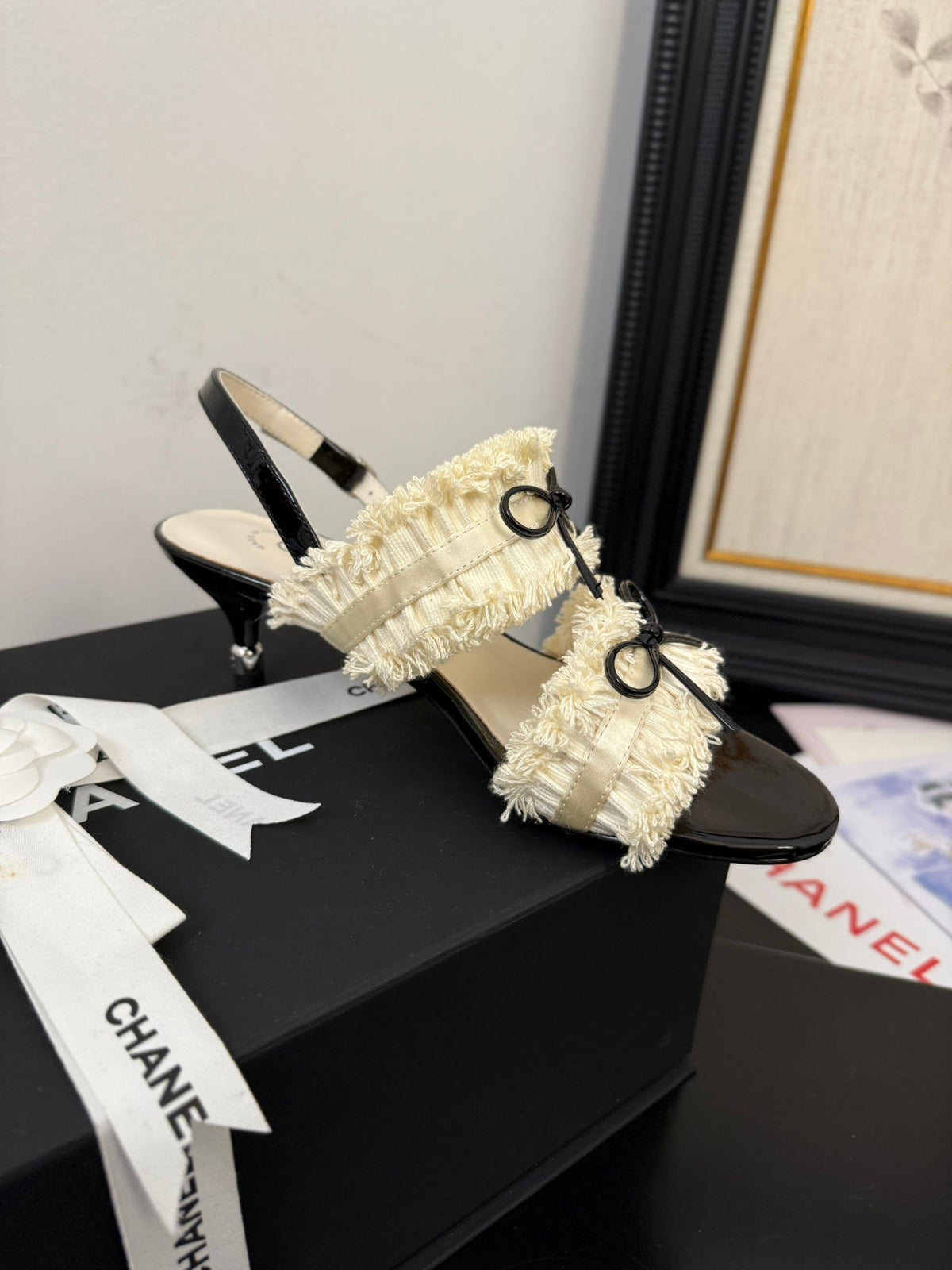 cc25 slingback sandal ̣65mm bow black grosgrain white canvas 233589