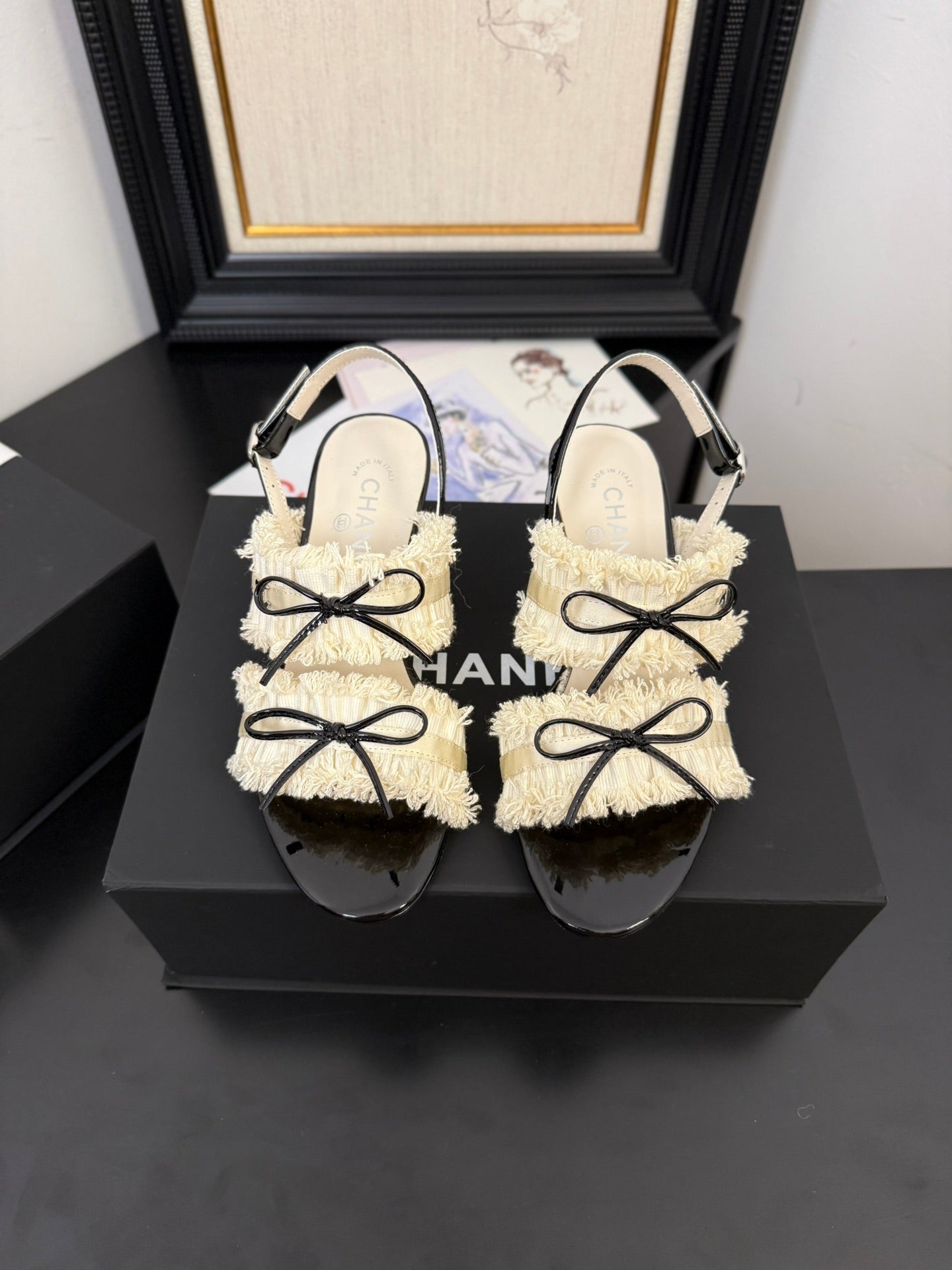cc25 slingback sandal ̣65mm bow black grosgrain white canvas 233589