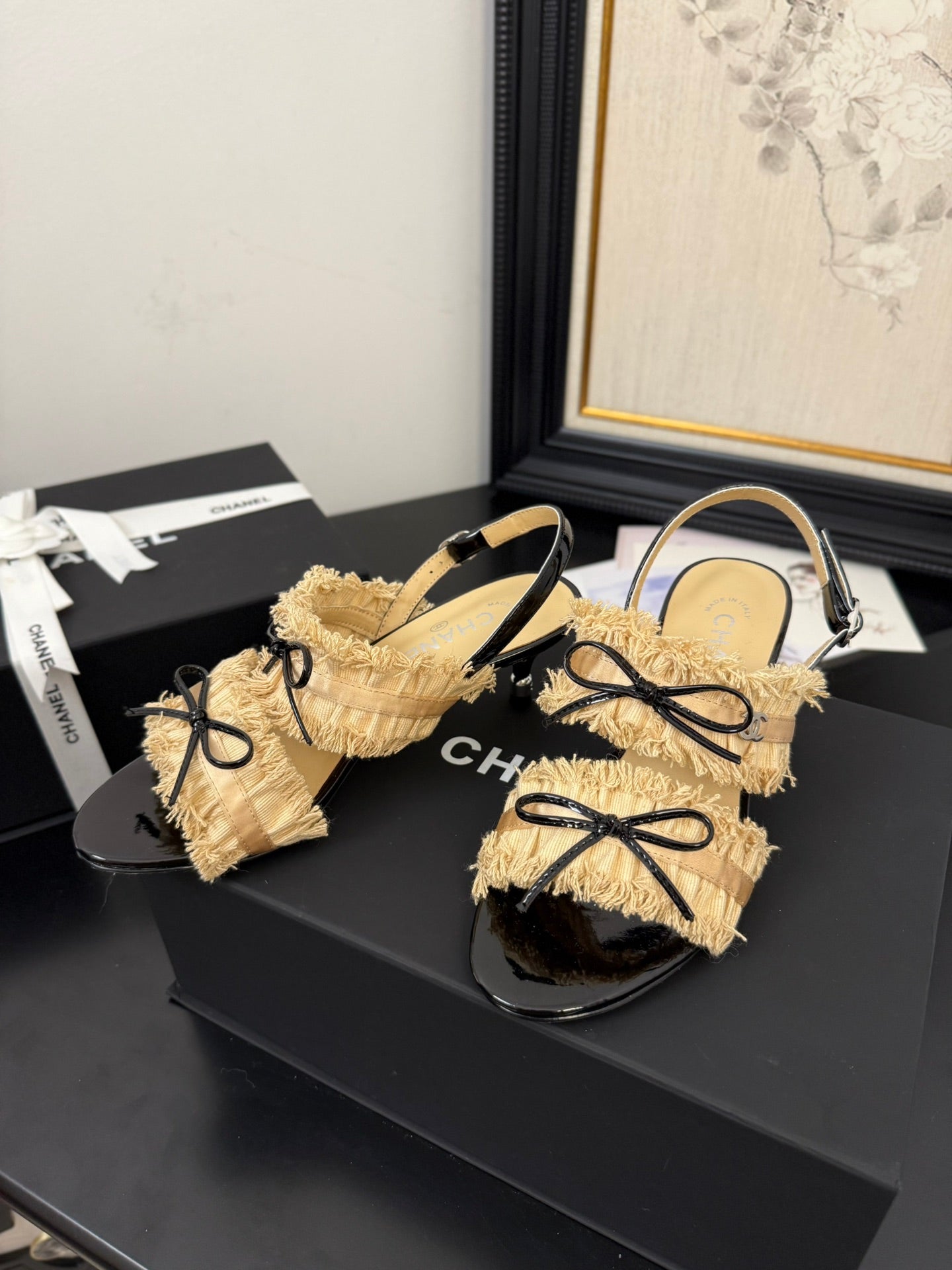 cc25 slingback sandal ̣65mm bow black grosgrain gold canvas 233590