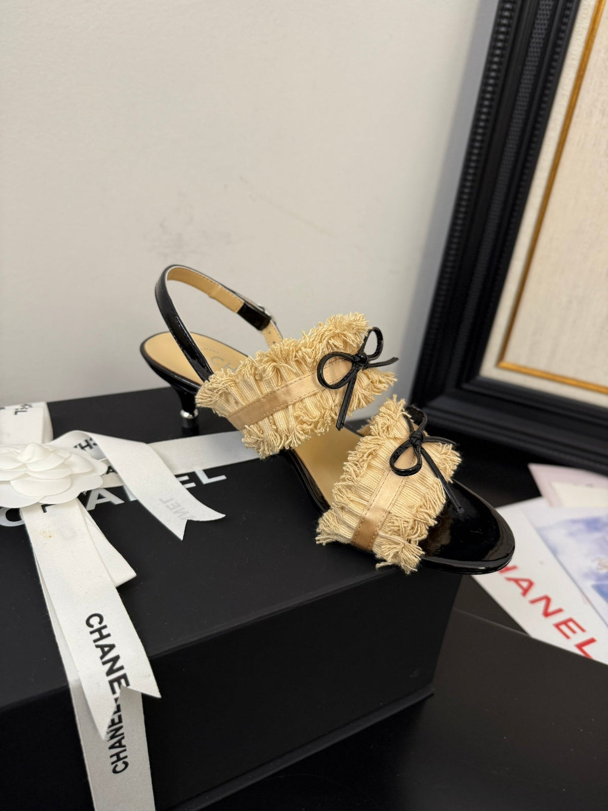 cc25 slingback sandal ̣65mm bow black grosgrain gold canvas 233590
