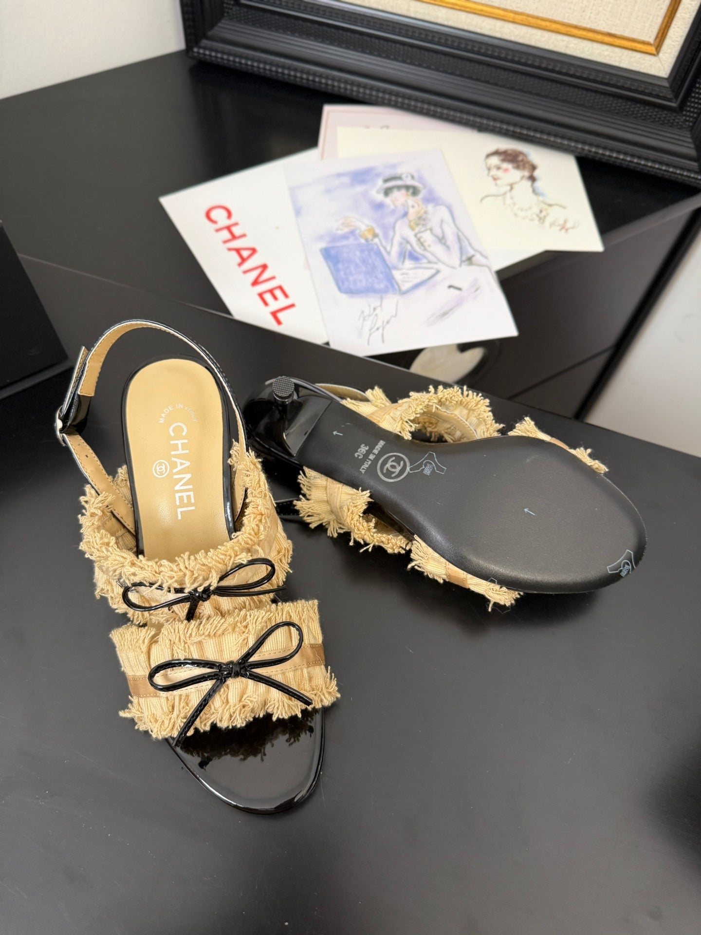 cc25 slingback sandal ̣65mm bow black grosgrain gold canvas 233590