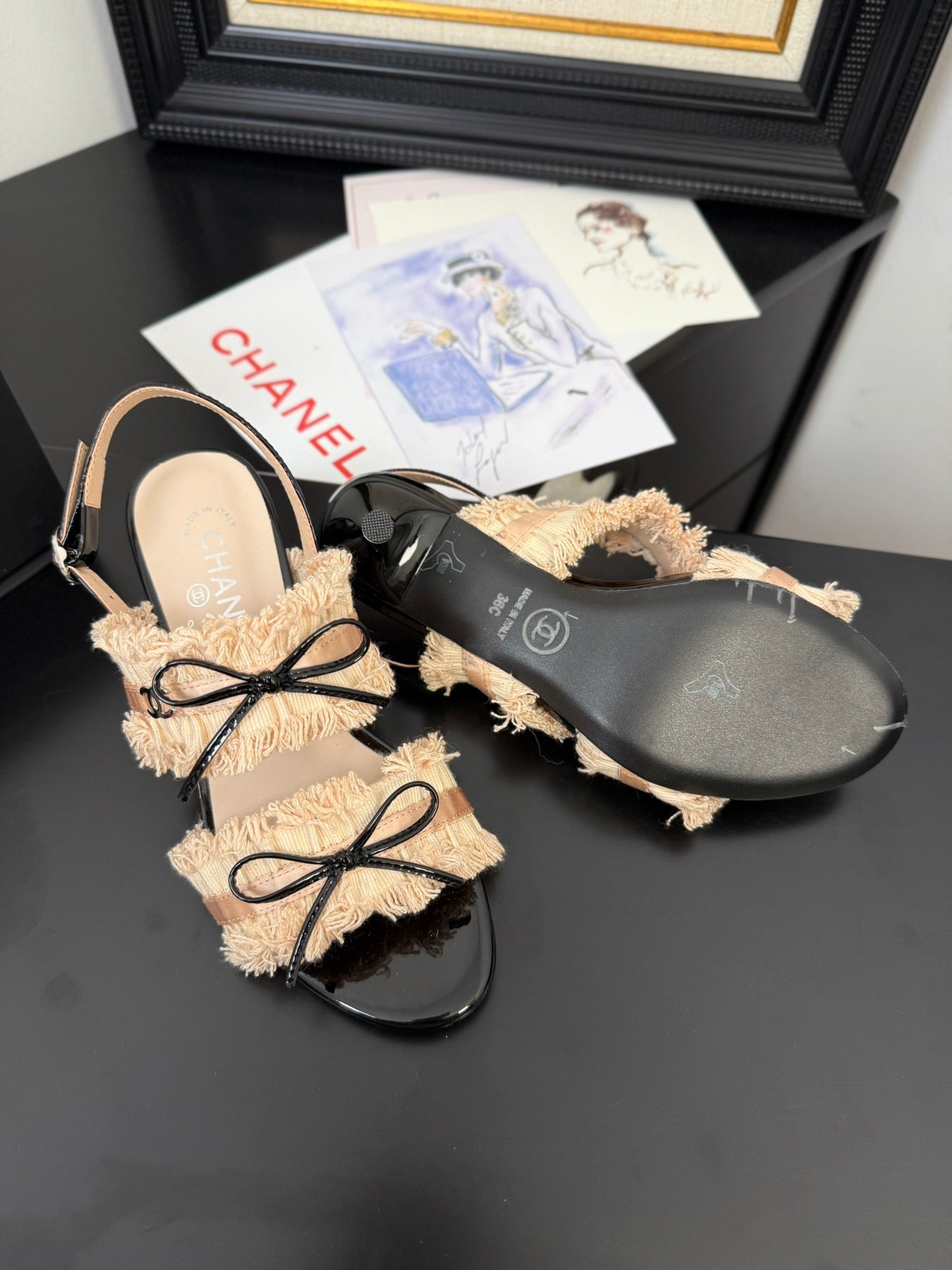 cc25 slingback sandal ̣65mm bow black grosgrain beige canvas 233591