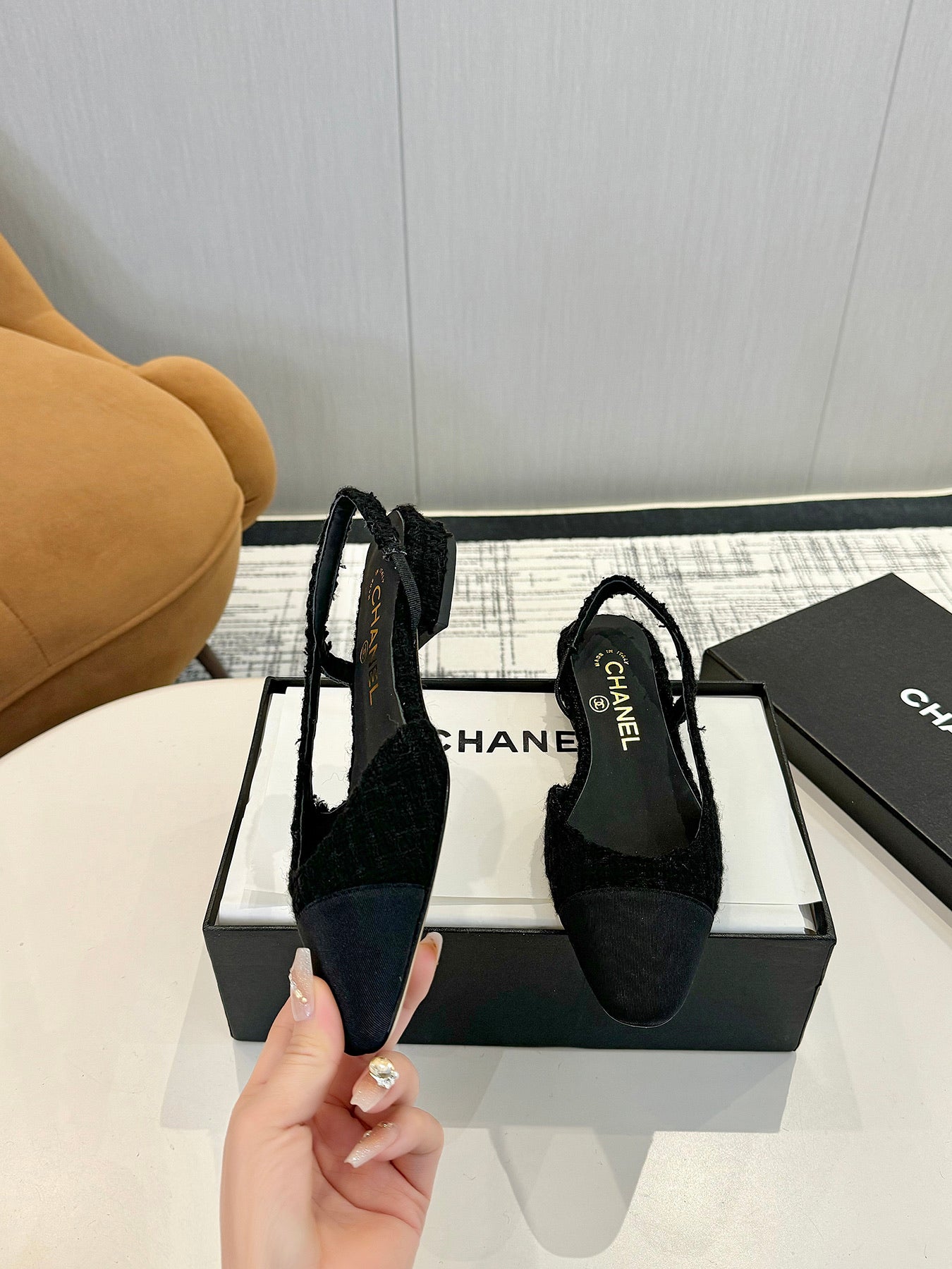 cc 25c slingback flat black tweed black grosgrain 233606