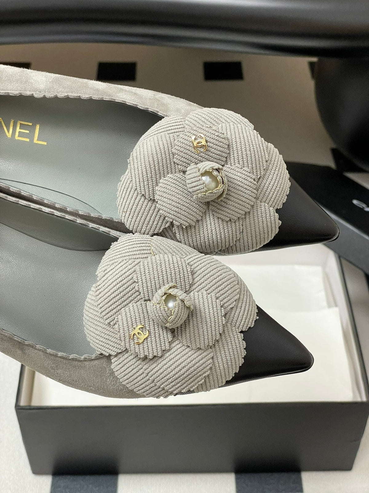 CC 25C Classic Camellia Pointed High Heels Pump 35mm Grey Suede 247611