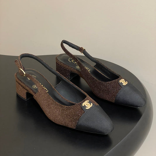 Chanel 25 Slingback Black Brown Lambskin Fabric 473210