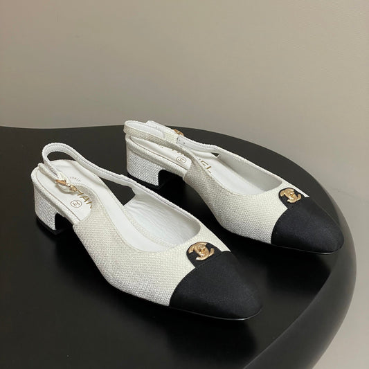 Chanel 25 Slingback Black White Lambskin Fabric 473211