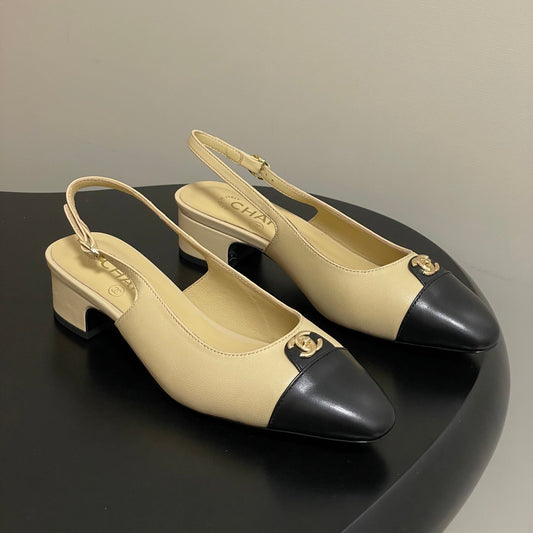 Chanel 25 Slingback 30mm Beige Black Lambskin 473213