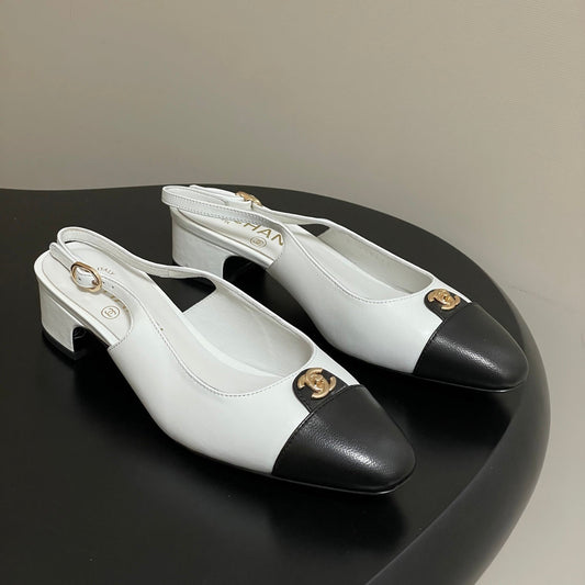 Chanel 25 Slingback 30mm White Black Lambskin 473214