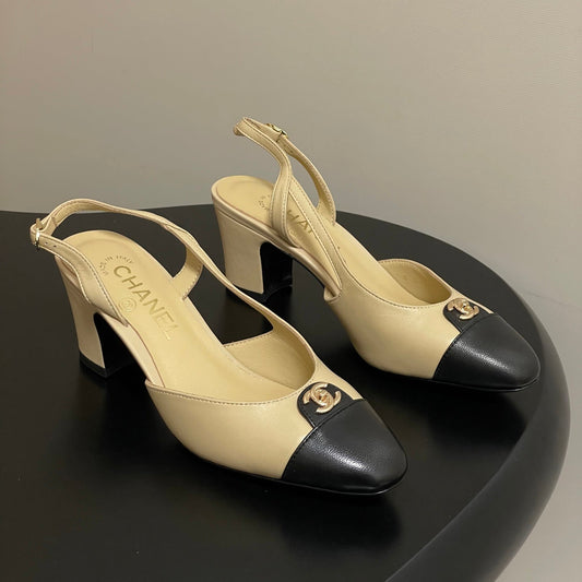 Chanel 25 Slingback 50mm Beige Black Lambskin 473216