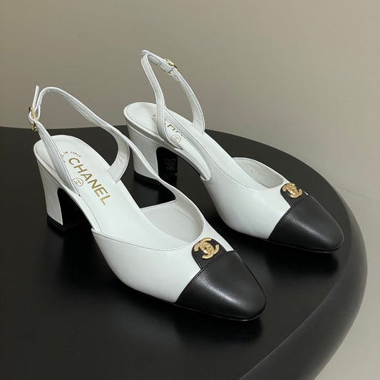 Chanel 25 Slingback 50mm White Black Lambskin 473217