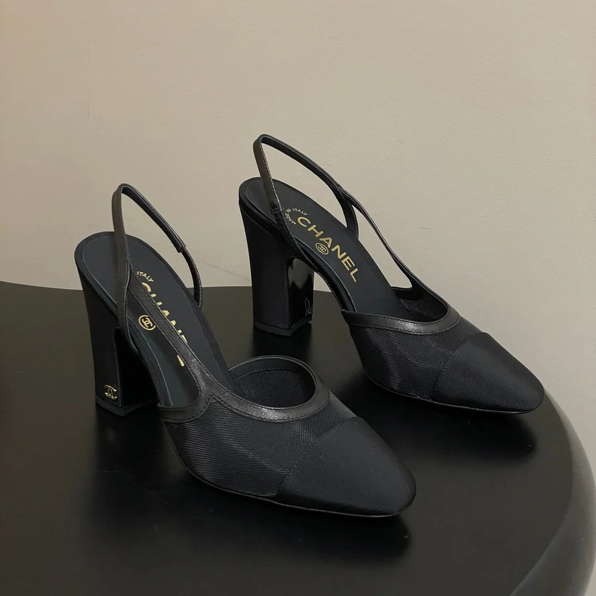 CC 26s Slingback 95 Black Mesh Fabric Sheepskin 649442