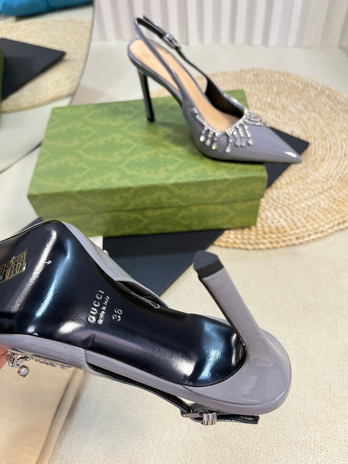 GC Embellished Slingback Dark Gray Patent Leather 294623