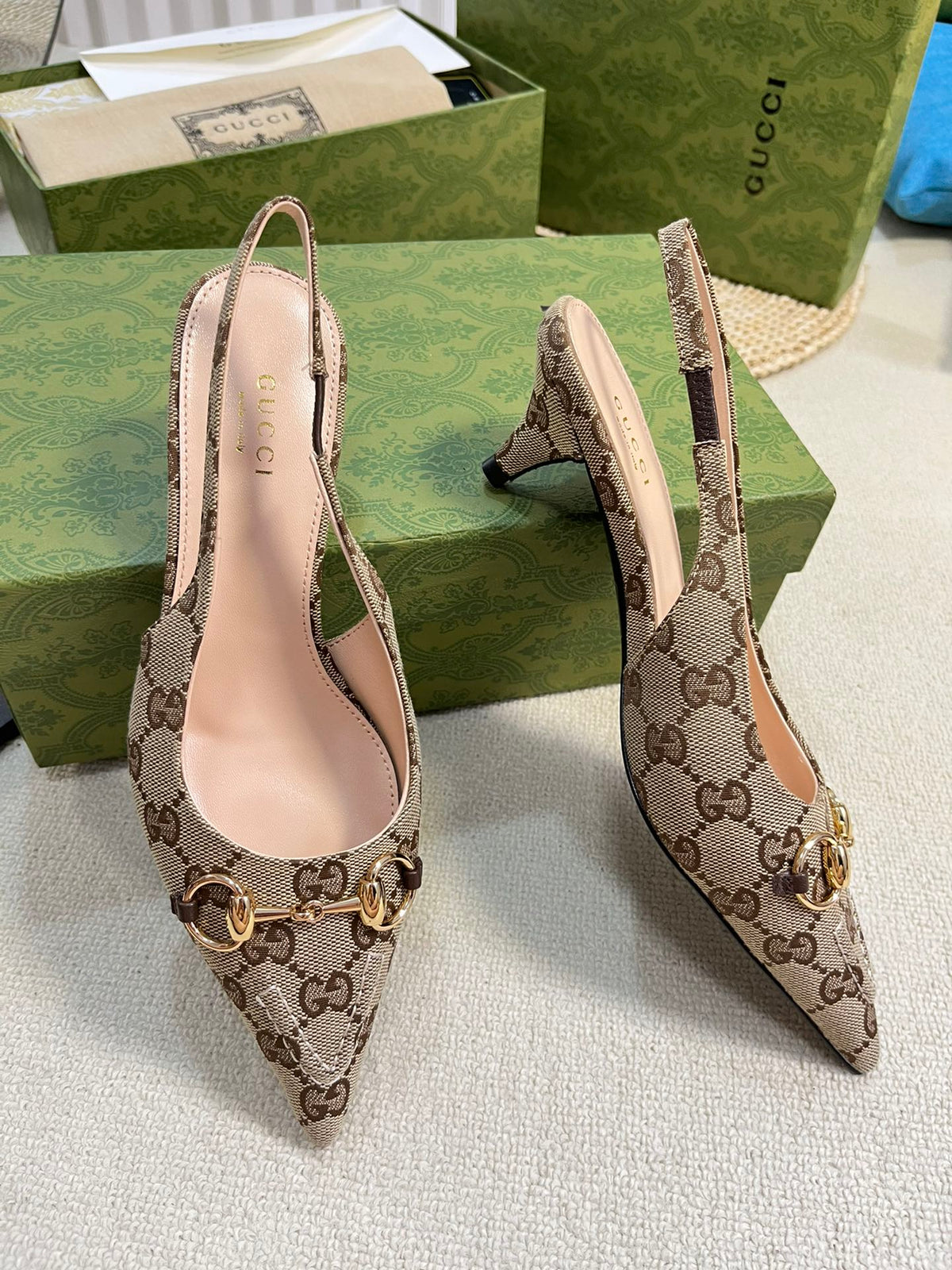 GC Horsebit Slingback Pump 50mm Beige mix Brown Canvas Sheepskin 294560