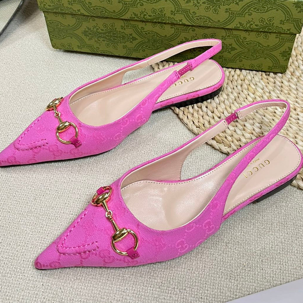 GC Horsebit Slingback Pump 10mm Pink Canvas Sheepskin 294543