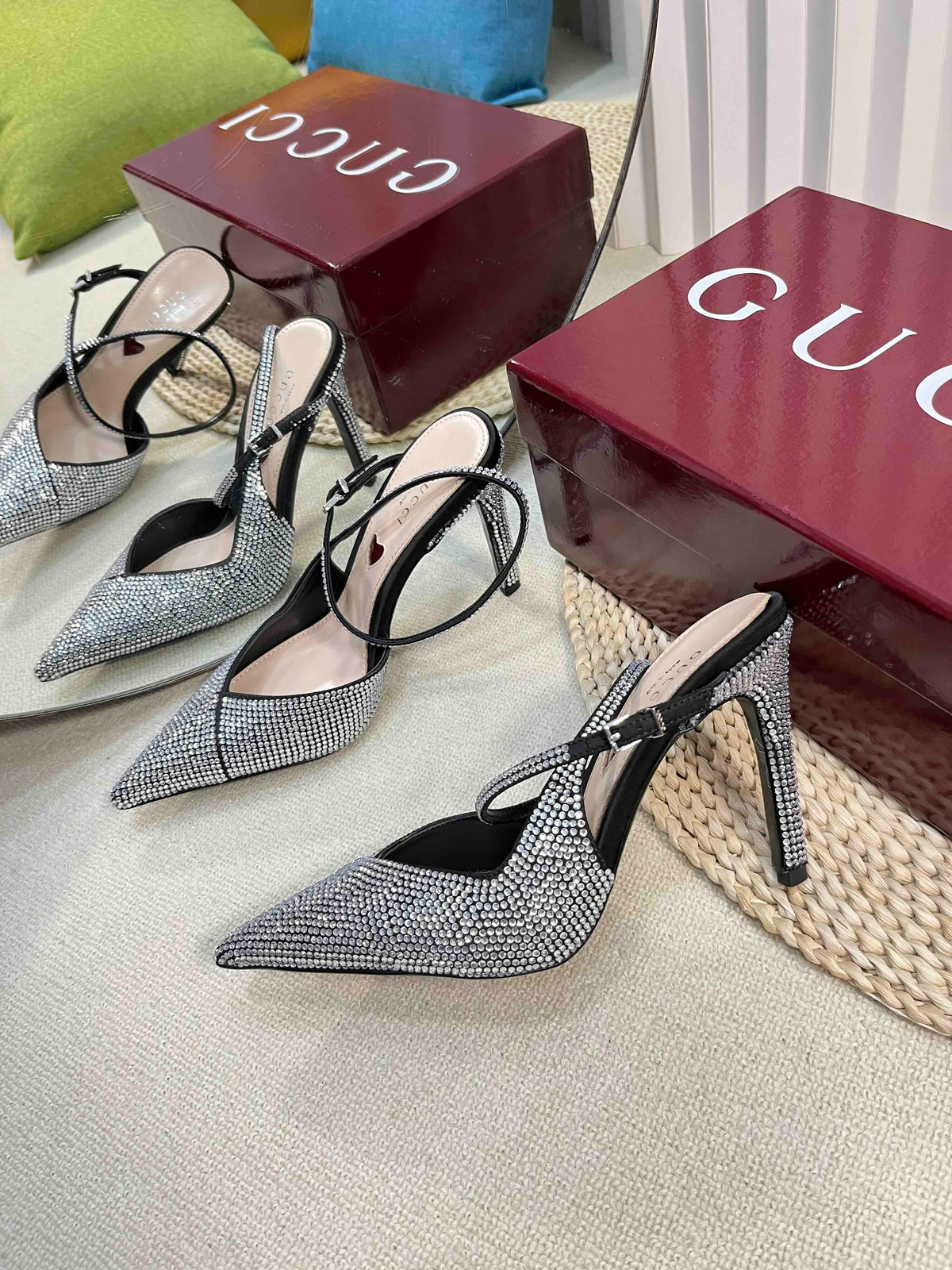 GC Crystal-Embellished Slingbacks Black Silk Sheepskin 294611