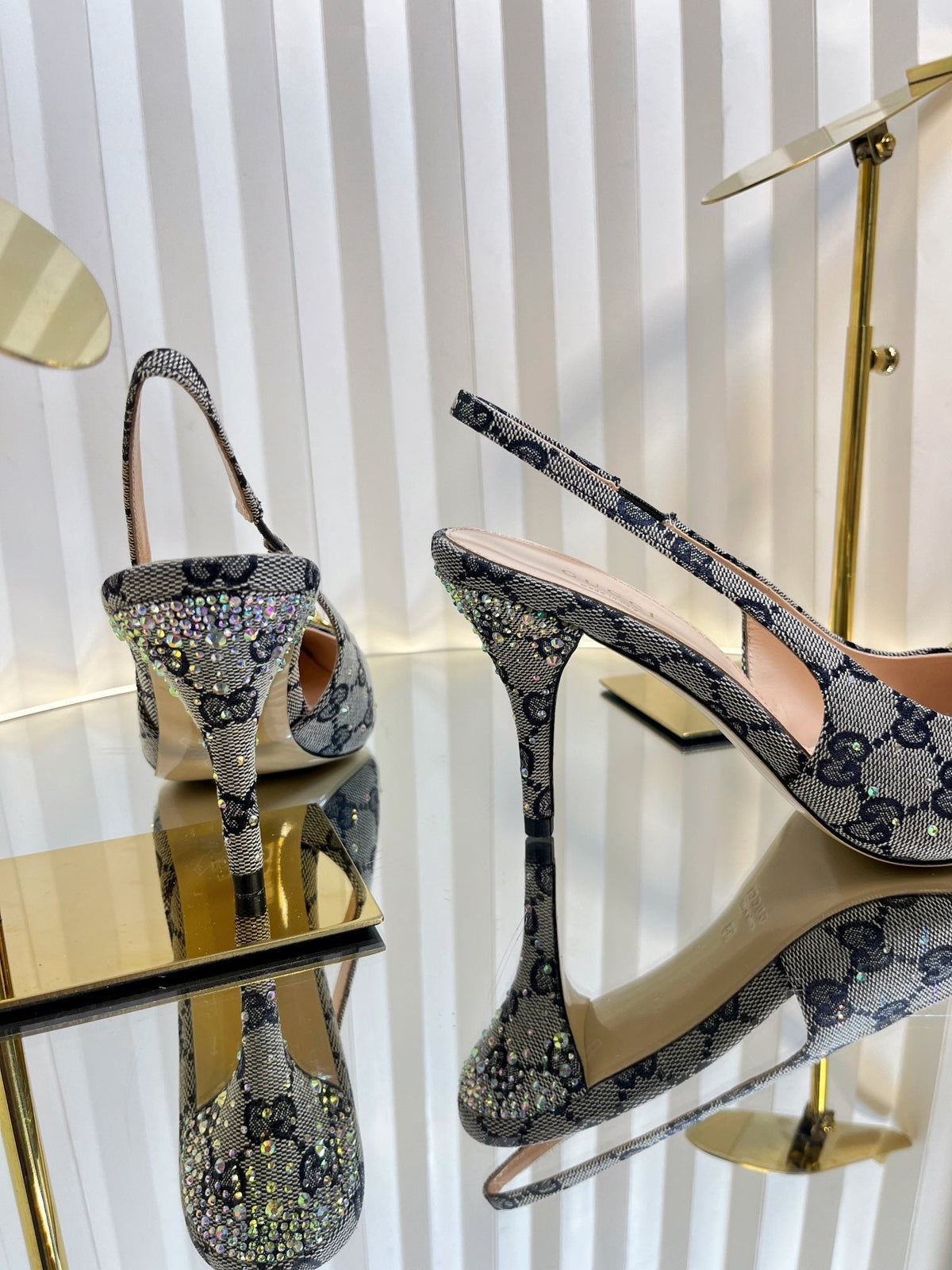 GC Crystal Horsebit Slingback 100mm Beige mix Blue Canvas lambskin 294619