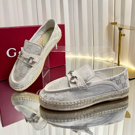 GG 26s Horsebit Espadrilles Flat Light Grey Canvas Suede 768178