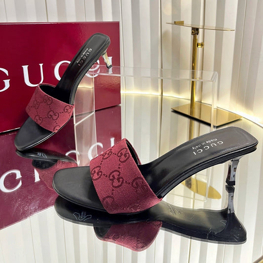 GG 26s Bombshell Crystal Sandal 5cm Black Burgundy Canvas Leather 768156