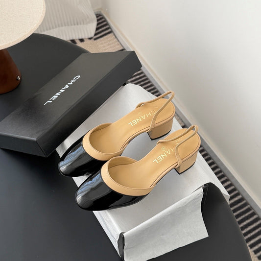 CC 26c Slingback Black Beige Patent Leather Sheepskin 605326