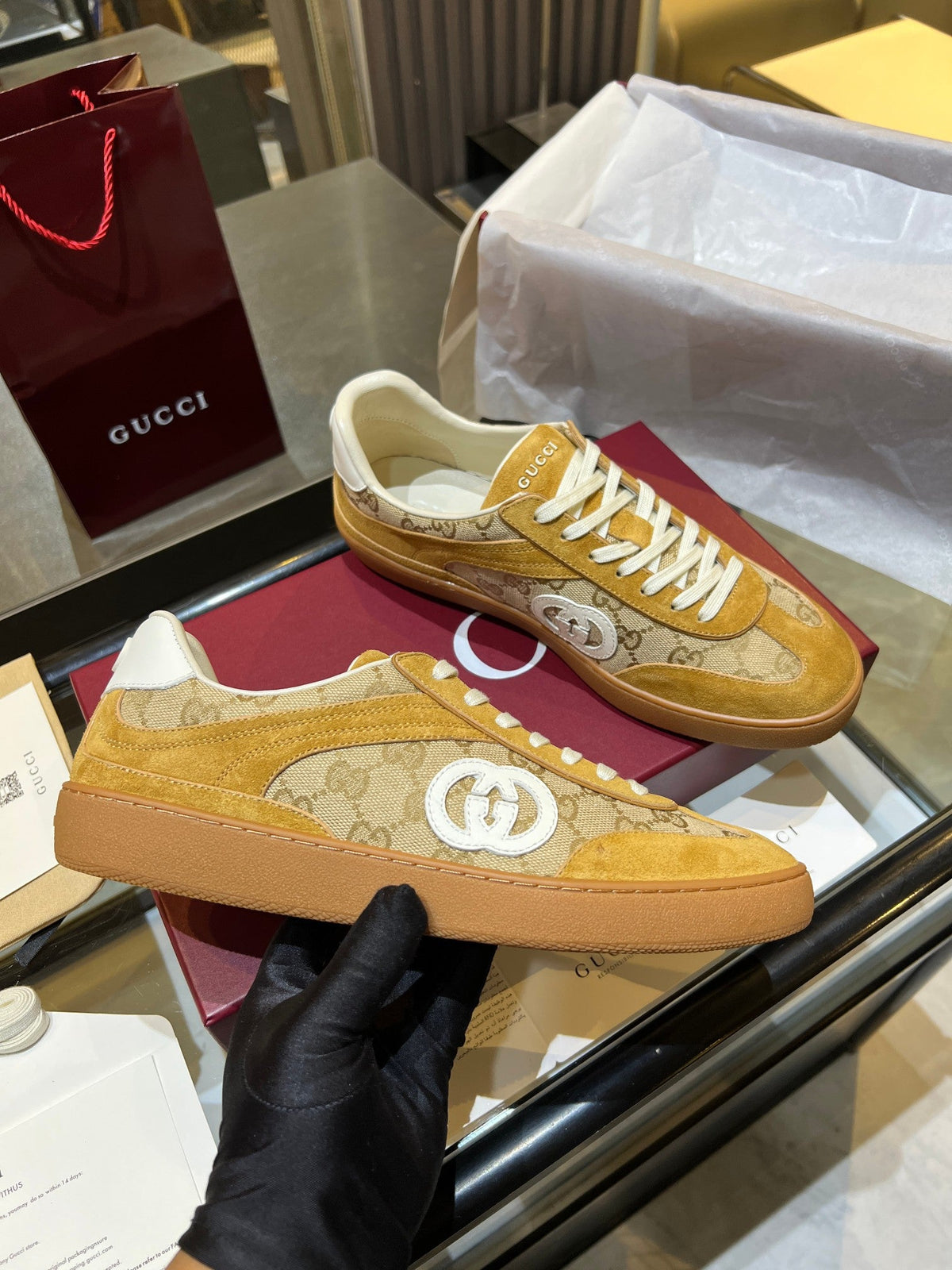 GG G75 Sneaker Camel Suede Canvas 818350