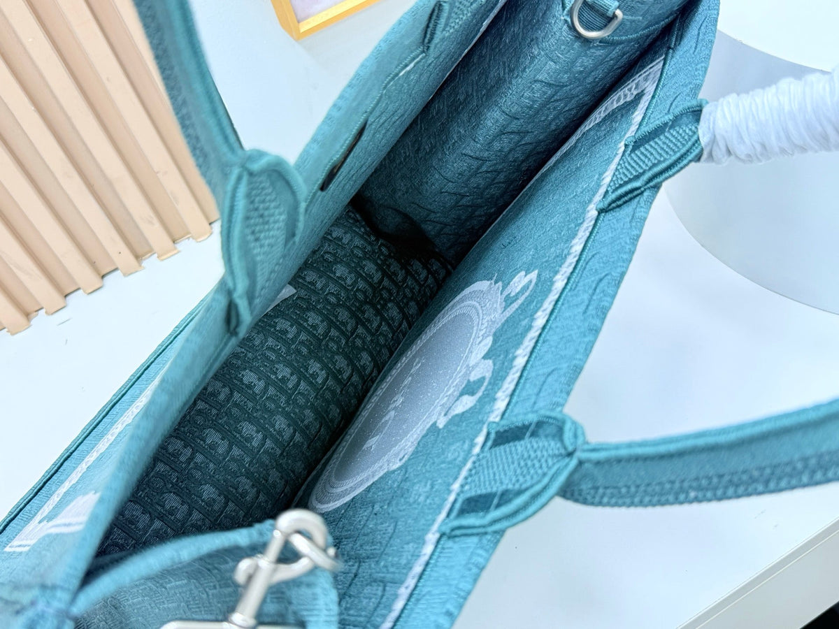 Dior Dioramour Book Tote Teal Green Dior Oblique Embroidery with White Lace