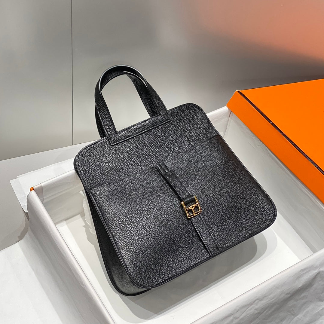 HALZAN 25 HANDLE BAG IN BLACK GRAINED CALFSKIN HARD HARDWARE