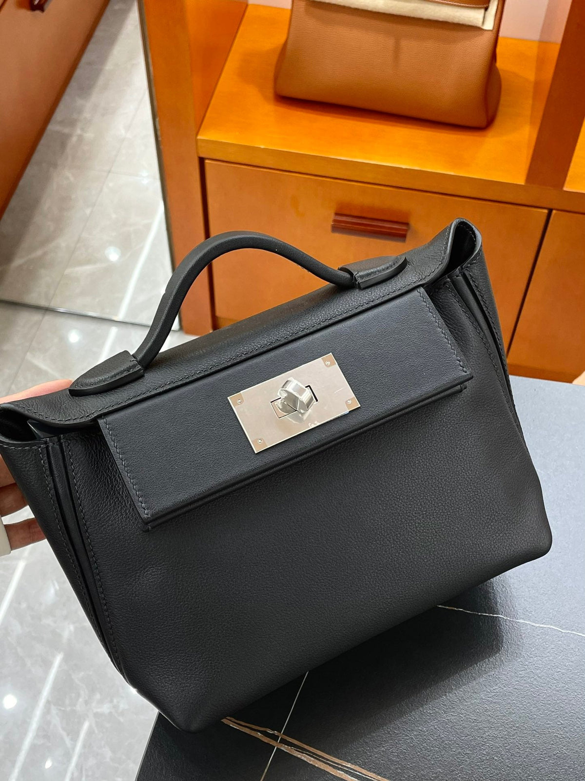 HM Mini 24 Sur 24 Bag 21cm Black Swift Cowhide Silver Hardware 250278