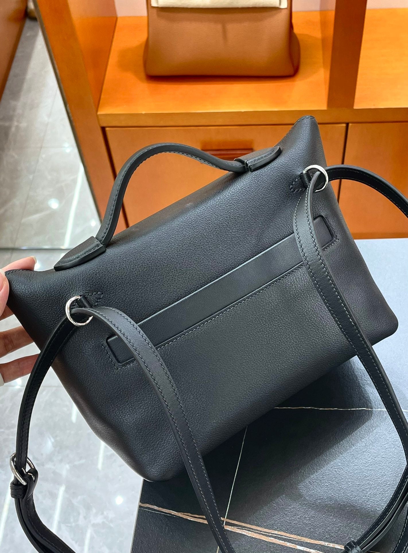 HM Mini 24 Sur 24 Bag 21cm Black Swift Cowhide Silver Hardware 250278