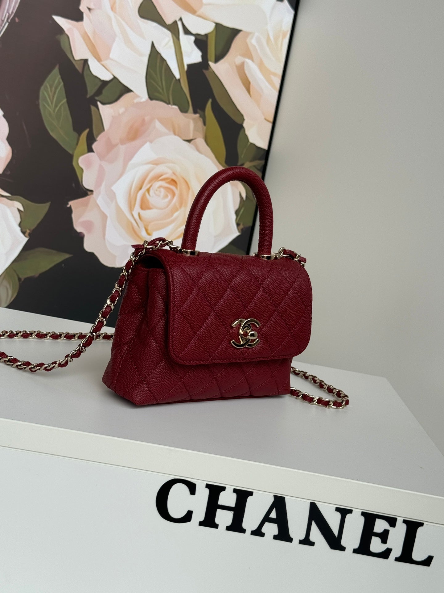 CC 24K Coco Handle Nano 14.5cm Burgundy Grained Calfskin Gold Hardware